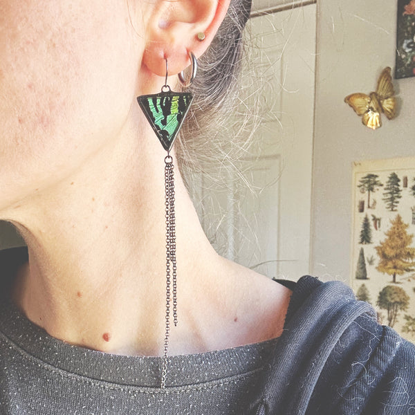 Emerald Sunset Moth Tassel Earrings